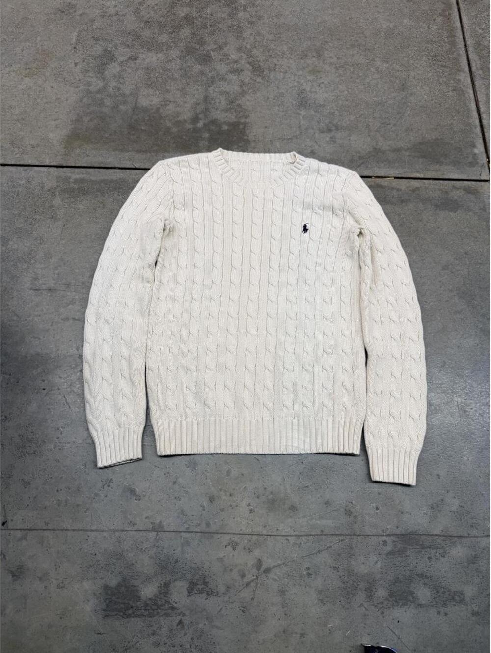 vintage polo ralph lauren white and navy cable knit sweater size large WOMENS